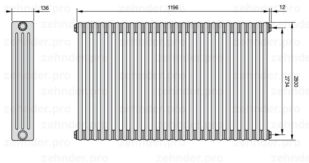 Схема (чертеж) Радиатор Zehnder Charleston 4280/26 №7610 Белый глянцевый RAL 9016